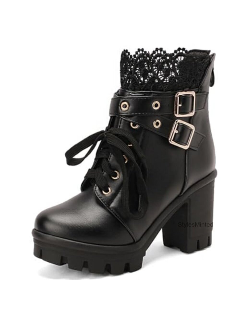 Women Goth Boots Chunky Heel Buckle Combat Ankle Booties Platform Microfiber
